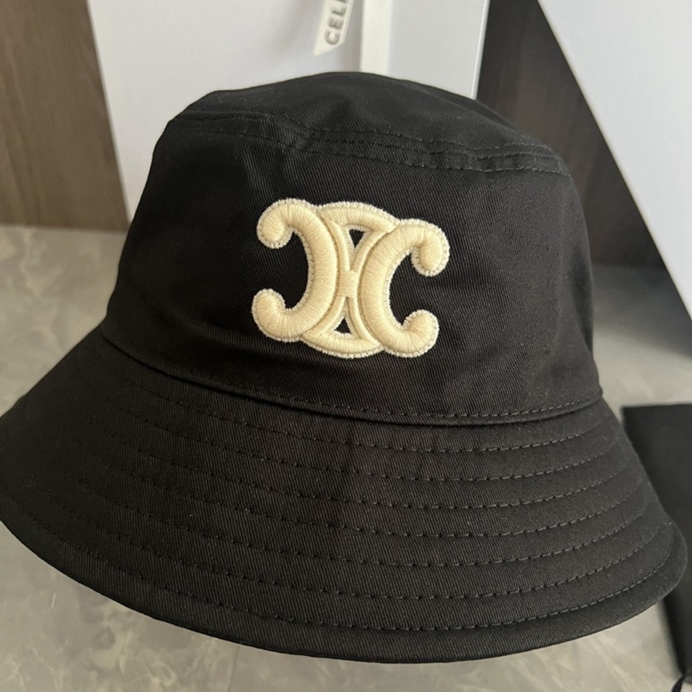 Celine Black Bucket Hat with Cream Logo